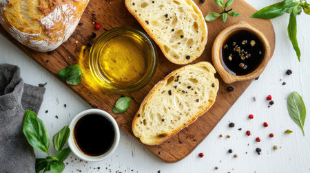 Top view of ciabatta bread with olive oil and balsamic vinegar for dipping. -の素材