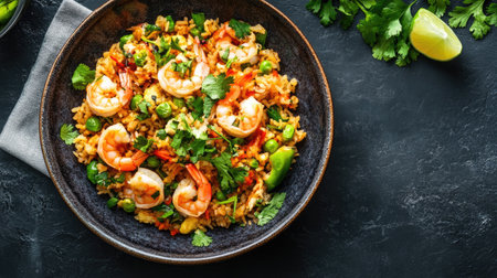 Top view of a Thai-style fried rice with shrimp and fresh herbs. -の素材