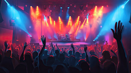 Top view of a rock concert with a dynamic stage setup and audience waving hands.の素材