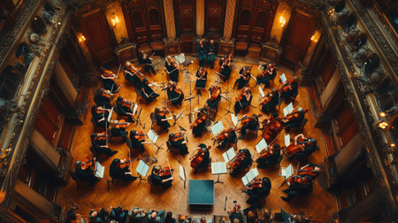 Top view of a symphony orchestra performing in a grand concert hall.の素材