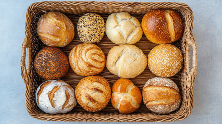 Top view of a variety of bread rolls in a wicker basket. -の素材