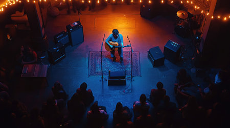 Top view of an acoustic concert with a singer-songwriter performing on a small stage. -の素材