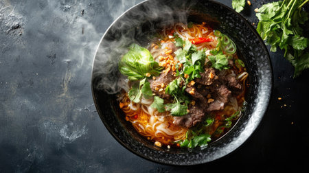 Top view of a steaming bowl of Thai boat noodles with beef and herbs.の素材