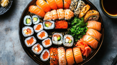 Top view of a salmon sushi platter with various types of sushi rolls and garnishes.の素材