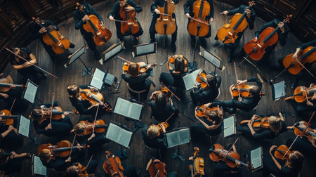 Top view of a symphony orchestra performing in a grand concert hall.の素材