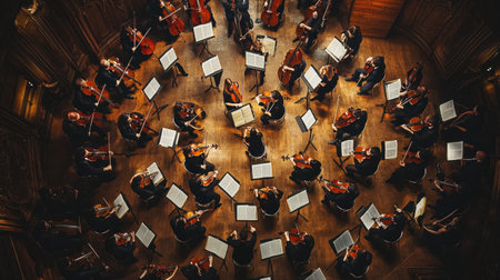 Top view of a symphony orchestra performing in a grand concert hall.の素材