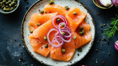 Top view of smoked salmon slices arranged on a plate with capers and red onions.の素材
