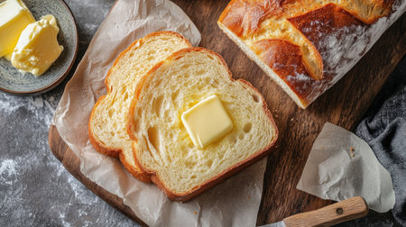 Top view of sliced brioche bread with a pat of melting butter.の素材