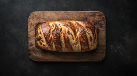 Top view of a sweet cinnamon raisin bread loaf on a wooden board.の素材