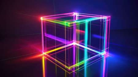 A stunning neon cube illuminated with vibrant light effects, creating an abstract and futuristic ambiance. Perfect for artistic and technological themes.の素材