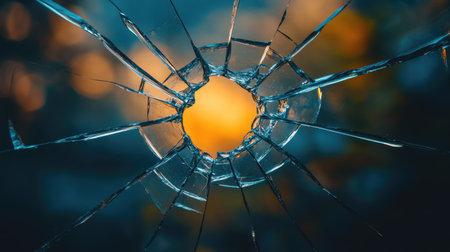 A close-up view of broken glass revealing a circular hole, allowing light to pass through, creating an artistic and dramatic effect suitable for various themes.の素材