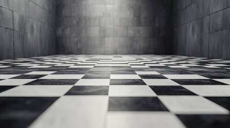 This image features a dark checkerboard floor in an empty room, showcasing a minimalist design with strong contrasts between black and white tiles, creating a unique ambiance.の素材