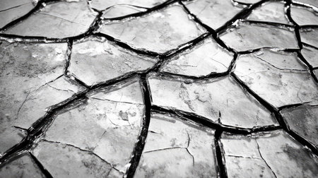 Close-up view of a cracked surface showcasing intricate patterns and textures in black and white. Ideal for abstract and nature-themed projects.の素材