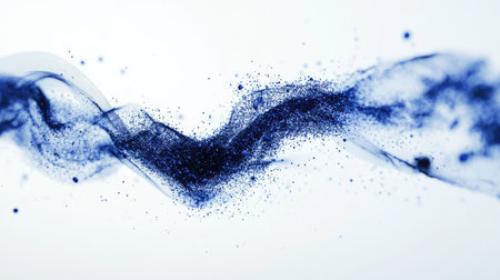 This abstract image features a flowing blue wave with particles on a clean white background, creating a sense of movement and tranquility, perfect for a modern aesthetic.の素材