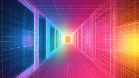 A captivating tunnel of vibrant neon lights creates an abstract digital space, showcasing a colorful gradient and geometric patterns. Perfect for technology themes.の素材