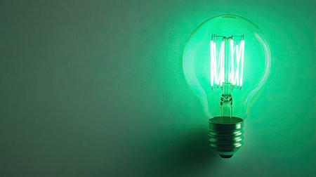A vibrant green light bulb illuminates a minimalist setting. Perfect for concepts of energy efficiency, eco-friendliness, or modern design.の素材
