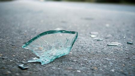A closeup of a fragmented piece of glass lying on a street, highlighting the sharp texture and reflective qualities. This image captures the danger of broken glass in urban environments.の素材