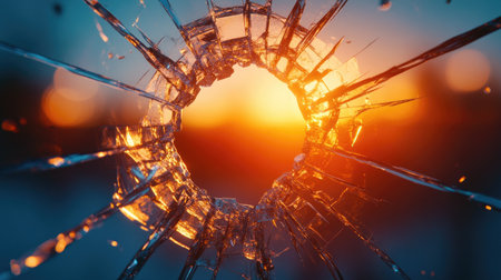 A stunning depiction of shattered glass framing a vibrant sunset, showcasing intricate cracks and reflections against a colorful backdrop, perfect for artistic projects.の素材