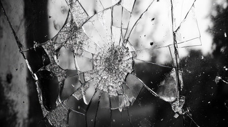 Close-up view of shattered glass displaying intricate patterns and textures. The dramatic black and white contrast highlights the beauty in destruction, evoking emotions.の素材