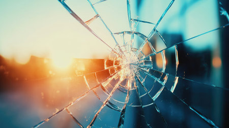 A close-up view of shattered glass illuminated by the warm glow of sunrise, capturing the intricate details of cracks and reflections in a beautiful display of fragility.の素材