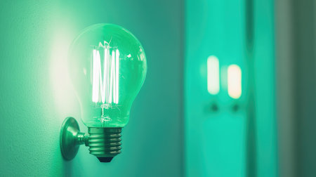 A vibrant green lightbulb mounted on a sleek wall creates a unique ambiance in a modern space. The glowing fixture adds style and energy to any interior decor.の素材