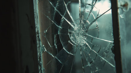 Close-up view of a shattered glass window, capturing intricate details of cracks and reflections. The image evokes a sense of fragility and chaos.の素材