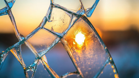 Broken glass reflects a glowing sunset, showcasing vibrant colors and textures. This artistic image captures the beauty of light and nature.の素材