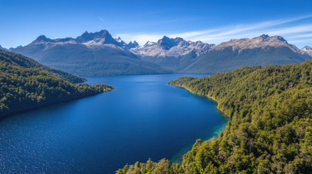 A stunning view of a serene lake surrounded by majestic mountains and lush green trees. The tranquil blue water reflects the clear sky, inviting outdoor exploration.の素材