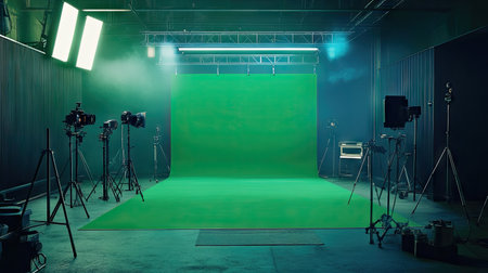 A professional green screen studio featuring advanced lighting equipment and an expansive backdrop, perfect for photography and video production.の素材