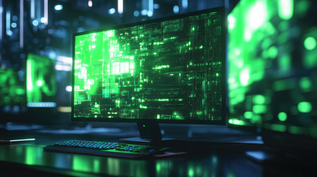 A close-up of a futuristic computer screen displaying vibrant green data visuals. This digital scene showcases technology and innovation in a modern workspace.の素材