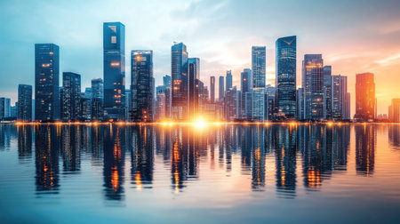 Stunning city skyline reflecting in calm water at sunset, showcasing modern architecture. A beautiful urban landscape captured in vibrant evening light.の素材