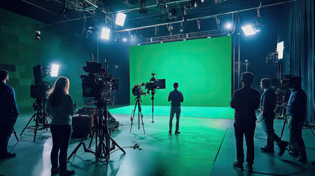 A professional film studio featuring a green screen setup, multiple cameras, and crew members preparing for a video shoot, showcasing modern filmmaking technology.の素材