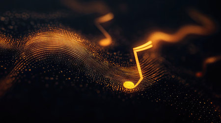 A captivating abstract design showcasing golden musical notes flowing in waves. This art conveys rhythm and harmony, perfect for music-related themes.の素材