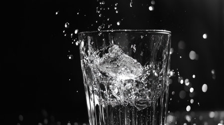 A striking black and white image of ice cubes splashing into a glass filled with water. The dynamic motion captures the refreshing essence of the drink.の素材