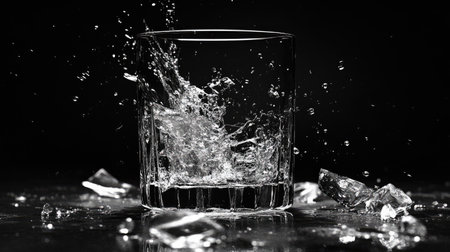 A striking image of a glass filled with water splashing against a dark background, capturing dynamic motion and crystal clear droplets for a refreshing moment.の素材
