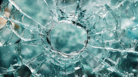 Close-up image of shattered glass displaying intricate patterns and sharp edges. The light reflects beautifully on transparent fragments, creating an artistic visual that captures both chaos and beauty.の素材