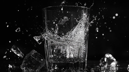 A dynamic shot of water splashing in a glass, highlighting the motion and energy of the scene. The contrast against a dark background enhances the visual impact.の素材