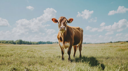 A charming young cow stands in a lush green meadow under a clear blue sky, evoking a sense of peace and tranquility in a rural landscape.の素材