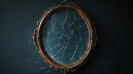 A vintage mirror with a cracked surface against a dark wall. The ornate frame adds character to the scene, creating a moody and mysterious atmosphere.の素材