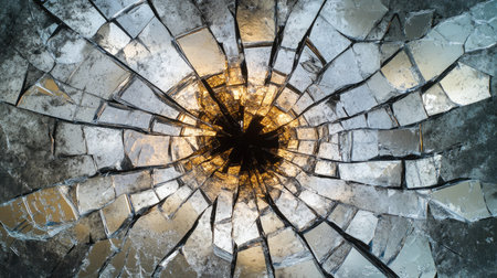 A stunning image of shattered glass creating a captivating pattern, illuminated by light. This abstract composition highlights the contrast between fragility and strength.の素材