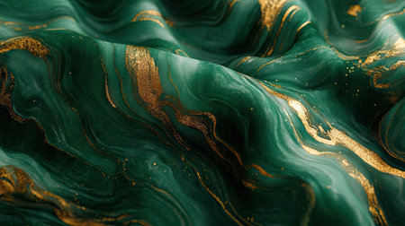 This close-up image features a stunning abstract fabric texture with rich green and gold swirls, creating an elegant and luxurious design for various creative projects.の素材