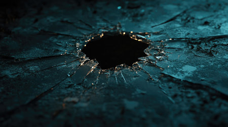 This image features a striking view of broken glass with a circular hole in the center, showcasing sharp fragments and intriguing textures in a dark, moody atmosphere.の素材