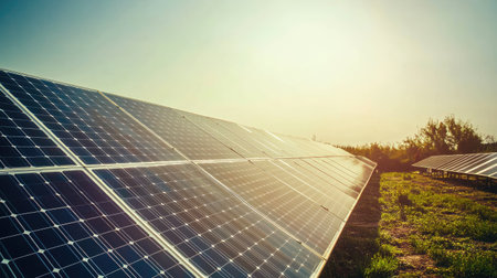 A stunning view of solar panels capturing sunlight in an open field. This image represents renewable energy solutions and sustainable practices in modern environments.の素材