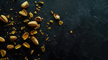 A beautifully arranged spread of pistachios on a dark textured surface, showcasing the natural colors and designs. Perfect for food photography or culinary art.の素材