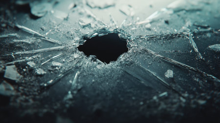 A close-up view of a hole in shattered glass, with sharp shards radiating from the center, creating an intriguing abstract pattern with reflections.の素材
