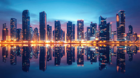 Stunning city skyline reflected in calm water at dusk, featuring illuminated buildings and a vibrant sky, perfect for showcasing urban beauty and serenity.の素材