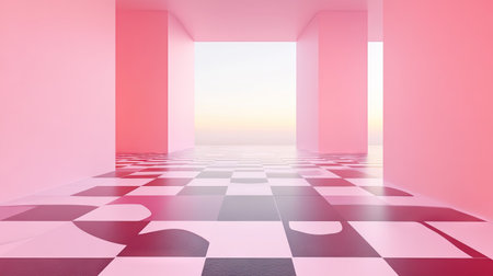 A serene indoor space with soft pink walls and a checkerboard floor, featuring a calming atmosphere and elegant minimalism, perfect for various design projects.の素材