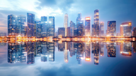 Captivating view of a modern city skyline at dusk, beautifully reflected in calm water. The vibrant lights create a stunning urban landscape.の素材