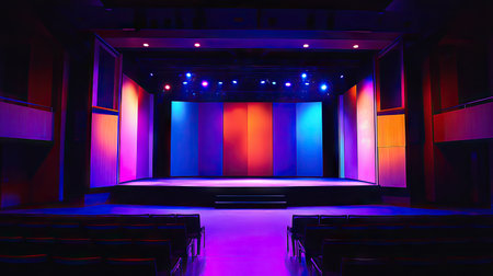 A modern theater stage adorned with vibrant lighting creates a stunning atmosphere for performances. Ideal for arts, events, and production settings.の素材