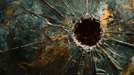 A detailed close-up of broken glass showcasing sharp edges and a dark backdrop. The image highlights intricate patterns and textures created by the fractures.の素材